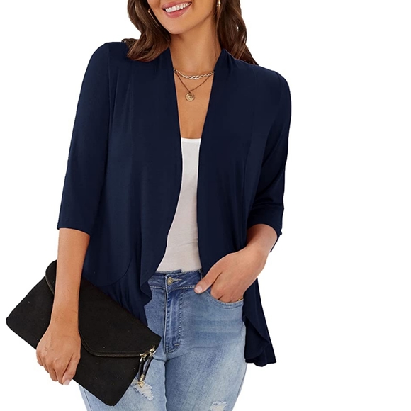 NEW Cardydony Lightweight Casual 3/4 Sleeve Open Front Navy Blue Cardigan Large - Picture 9 of 9